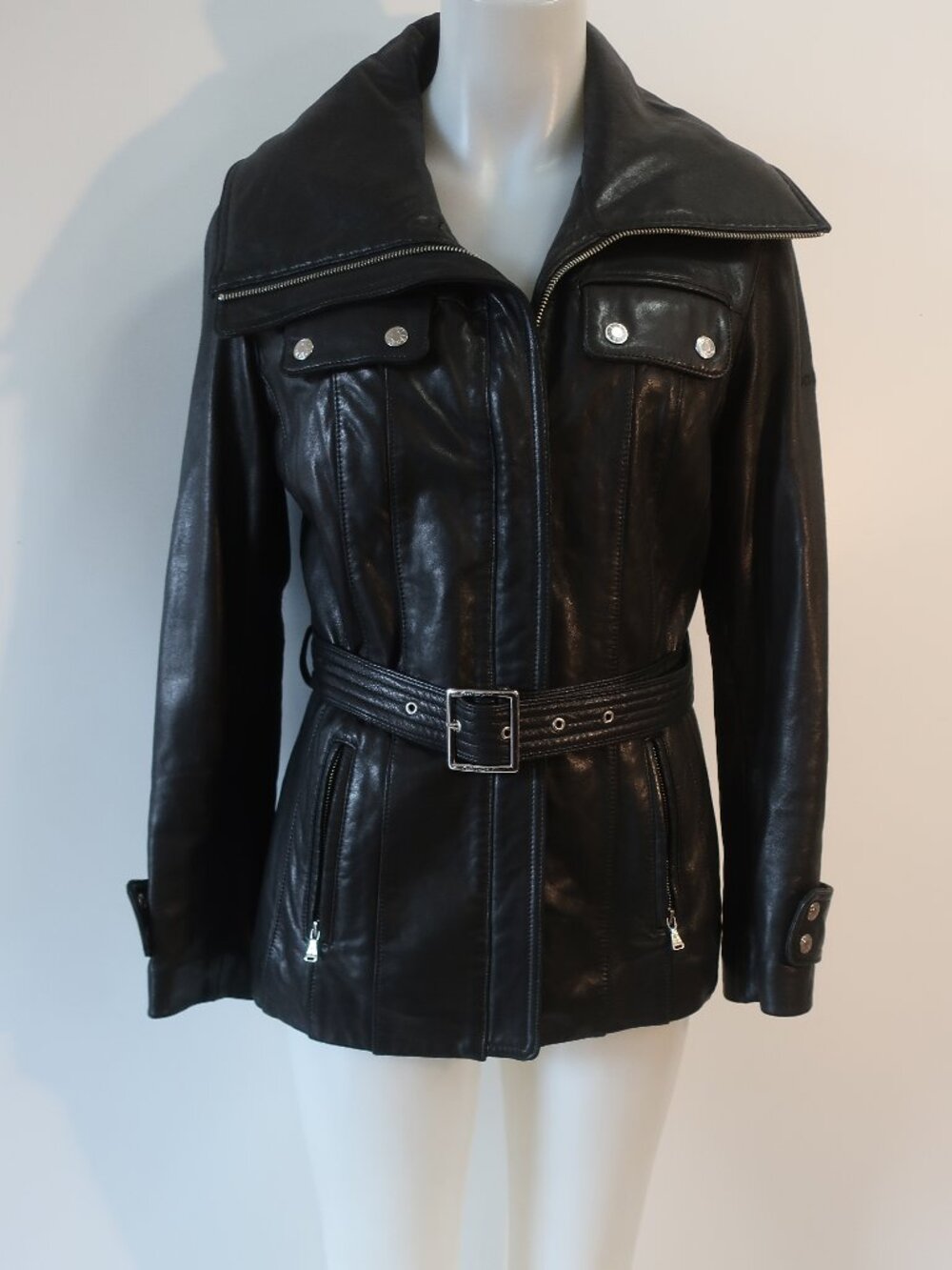 Women Baby Phat Black (Item-36) Full Zip Belted Leather Jacket S COLOR: BLACK S